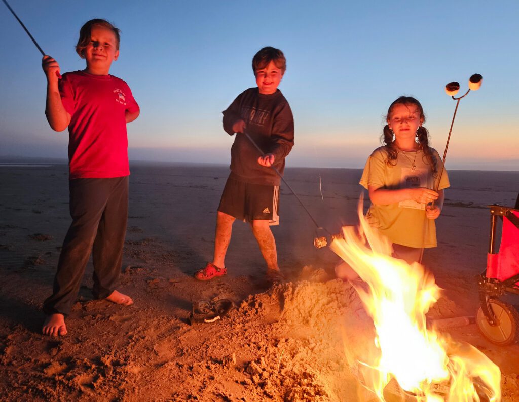 beach fire night kids smores