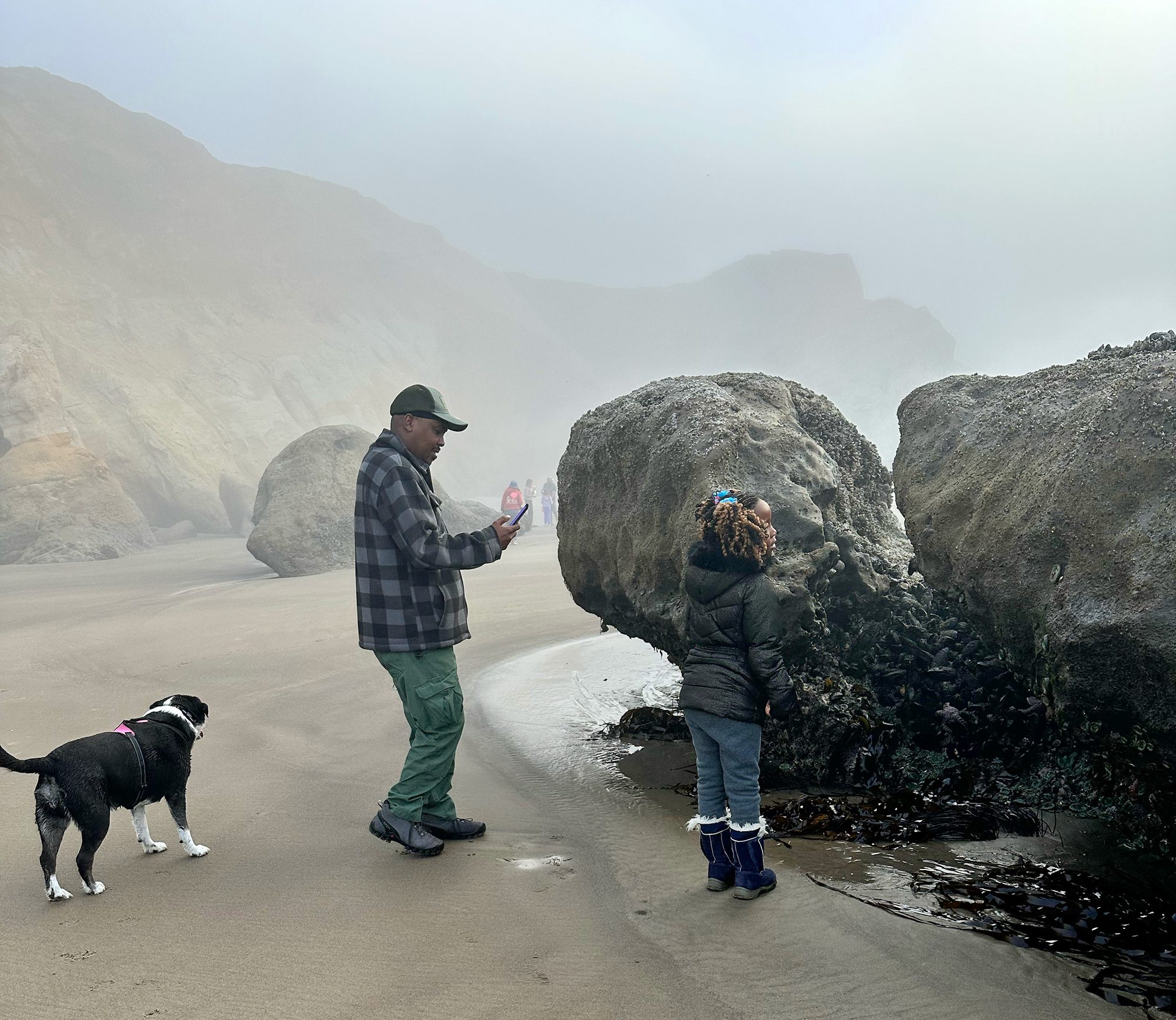 Cape Kiwanda man child dog rocky coast mist