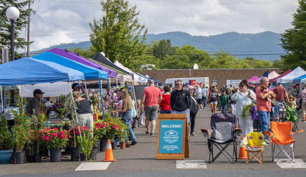 outdoor farmers market crowd tents plants mountains