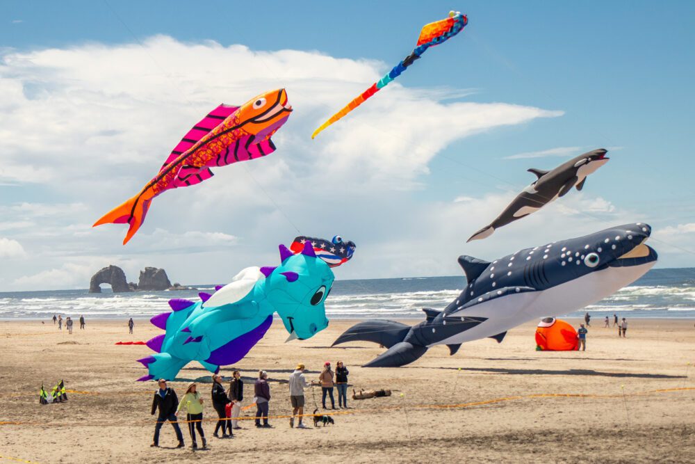 Rockaway Kite Festival whale dragon fish kites flying beach